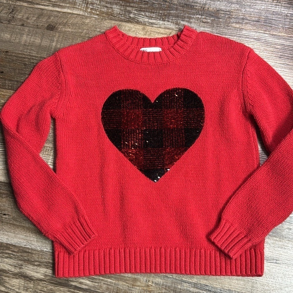Epic Threads Girls Red Sequin Buffalo Plaid Heart Sweater Small 7/8